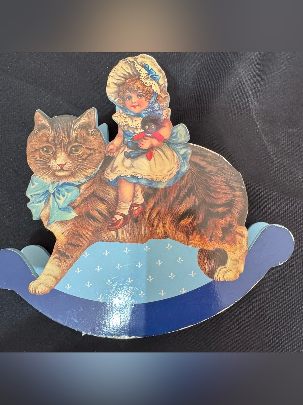 Vintage Enesco It’s a Small World musical Cat Victorian Girl Wood Decor